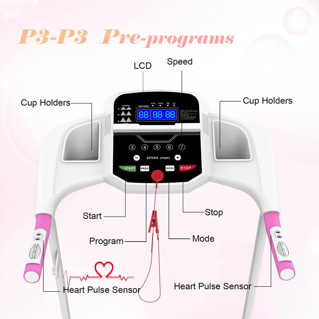 FYC Foldable Treadmills for Home, 2.5 HP, 7.5 MPH, Electric Running Treadmill Quiet Brushless Proform Treadmill for Home Gym, Running Machine with Heart Rate Sensor with LED Display (Pink)