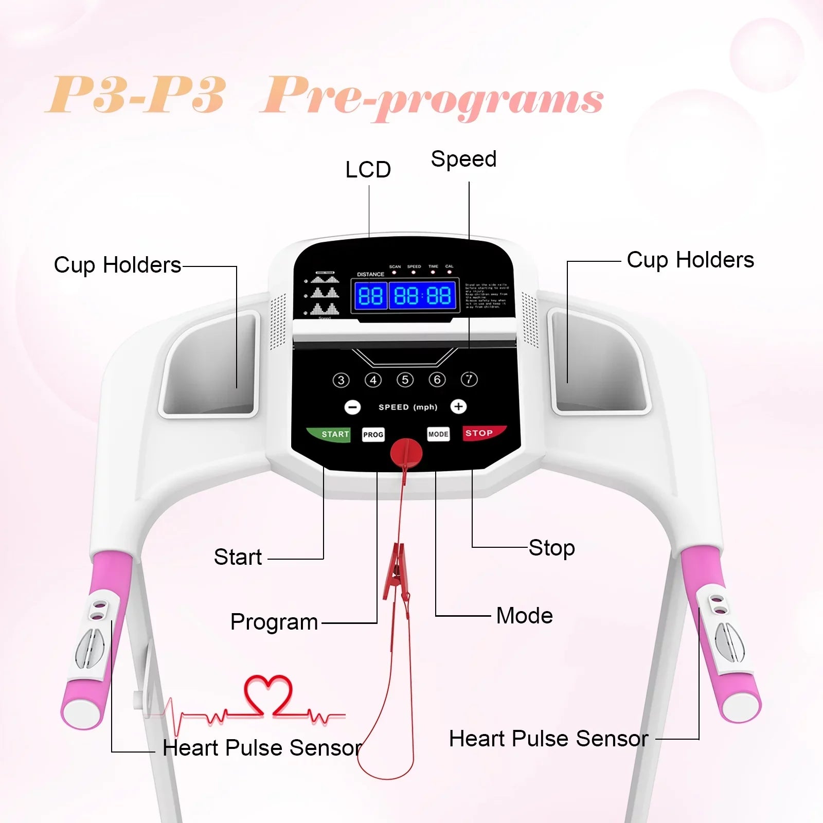 FYC Foldable Treadmills for Home, 2.5 HP, 7.5 MPH, Electric Running Treadmill Quiet Brushless Proform Treadmill for Home Gym, Running Machine with Heart Rate Sensor with LED Display (Pink)