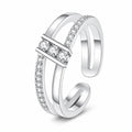 Double Split Band Bar Inlaid Clear CZ Open Adjustable Ring For Women, Copper Silver Plated Minimalist Stackable Daily Wedding Band Jewelry Gift