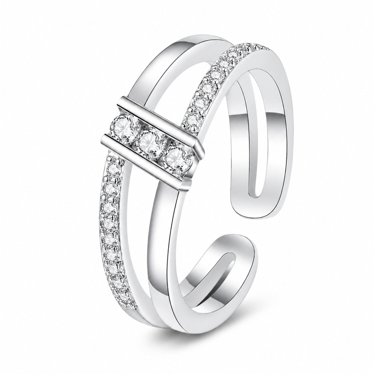 Double Split Band Bar Inlaid Clear CZ Open Adjustable Ring For Women, Copper Silver Plated Minimalist Stackable Daily Wedding Band Jewelry Gift