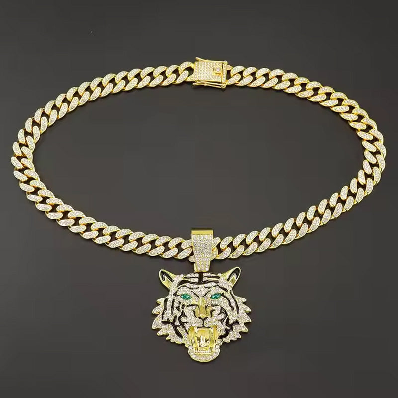 13mm Width Football Pendant Necklace,Hip Hop Green Eyes Tiger Head Pendant Necklace 3D Diamond Gold Zinc Alloy Stainless Steel Religious Zircon