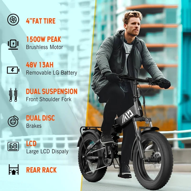 TST Electric Bike, 4.0 Fat Tire Foldable Ebike, 48V 13Ah Battery, 750W Electric Commuter Bicycle with LCD, 20" One-Step Folding Electric City Bike for Men Women, Black