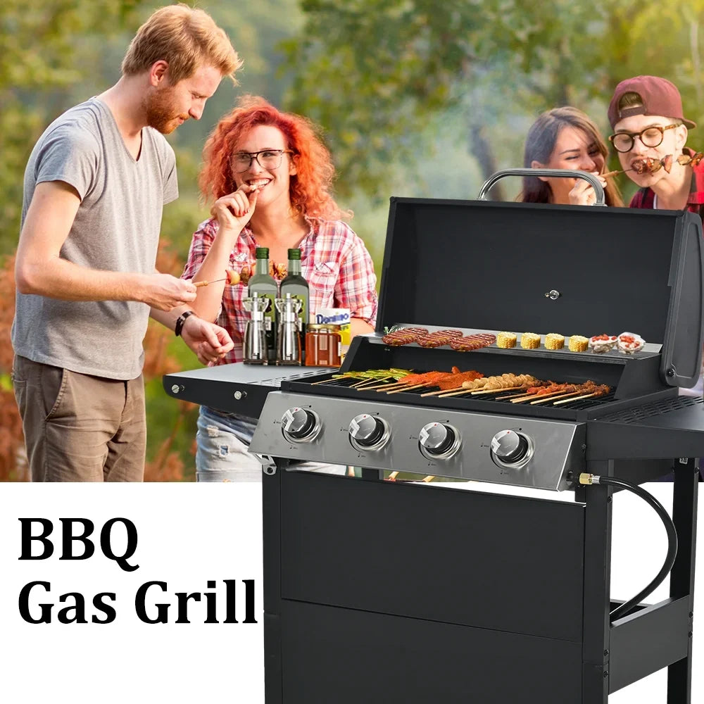 SEGMART 4 Burner BBQ Propane Gas Grill, Stainless Steel 34,200 BTU Patio Garden Barbecue Grill with Two Foldable Shelves & Thermometer, Perfect for Camping, Outdoor Cooking