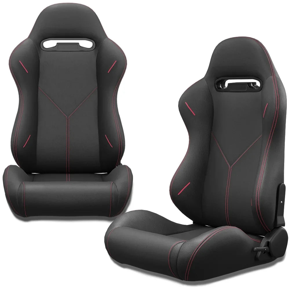 2PC Universal Bucket Racing Seats Red Stitch Red PVC Leather Reclinable Carbon Look Leather Back With Adjustor Slider (Not Including Seat Bracket )
