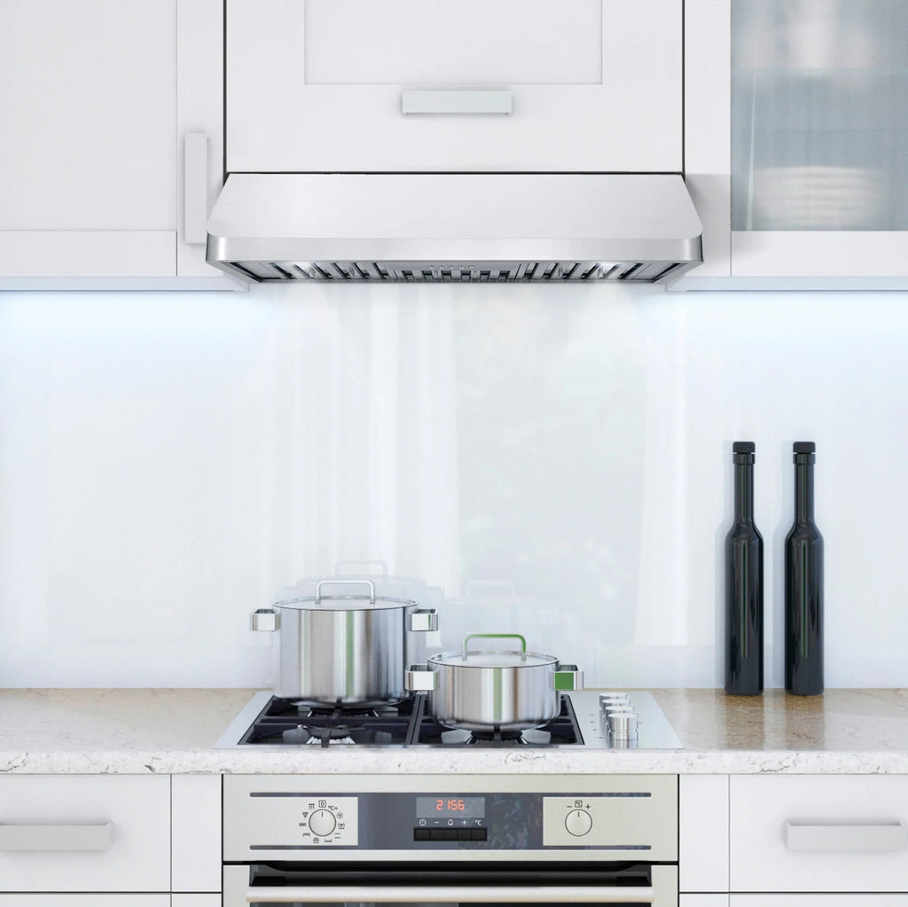 Cosmo 4 Piece Kitchen Appliance Package with 36" Freestanding Gas Range 36" Under Cabinet Range Hood 24" Built-in Integrated Dishwasher & French Door Refrigerator Kitchen Appliance Bundles