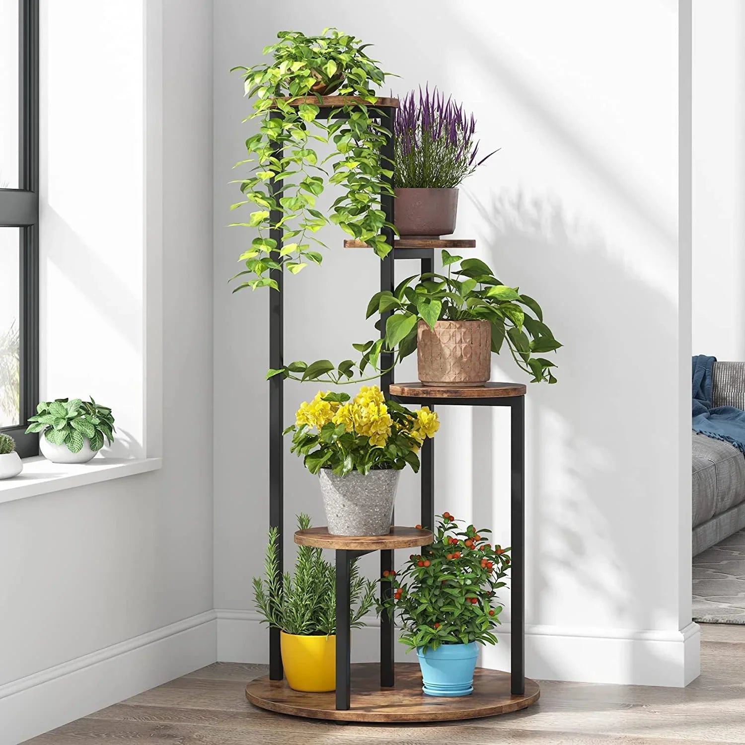 Tribesigns Rustic Brown 4-Tier Corner Plant Stand: Wooden & Metal Pot Holder