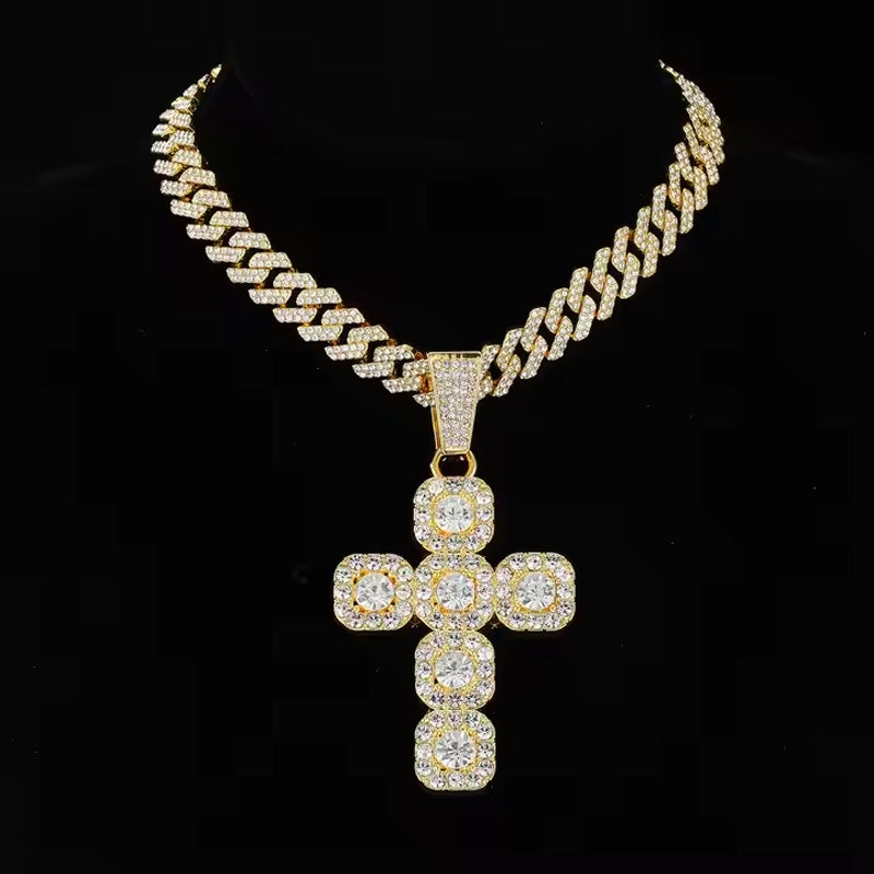 13mm Width Football Pendant Necklace,Full Diamond Cross Pendant Necklace, 3D Diamond Gold Zinc Alloy Stainless Steel Religious Zircon
