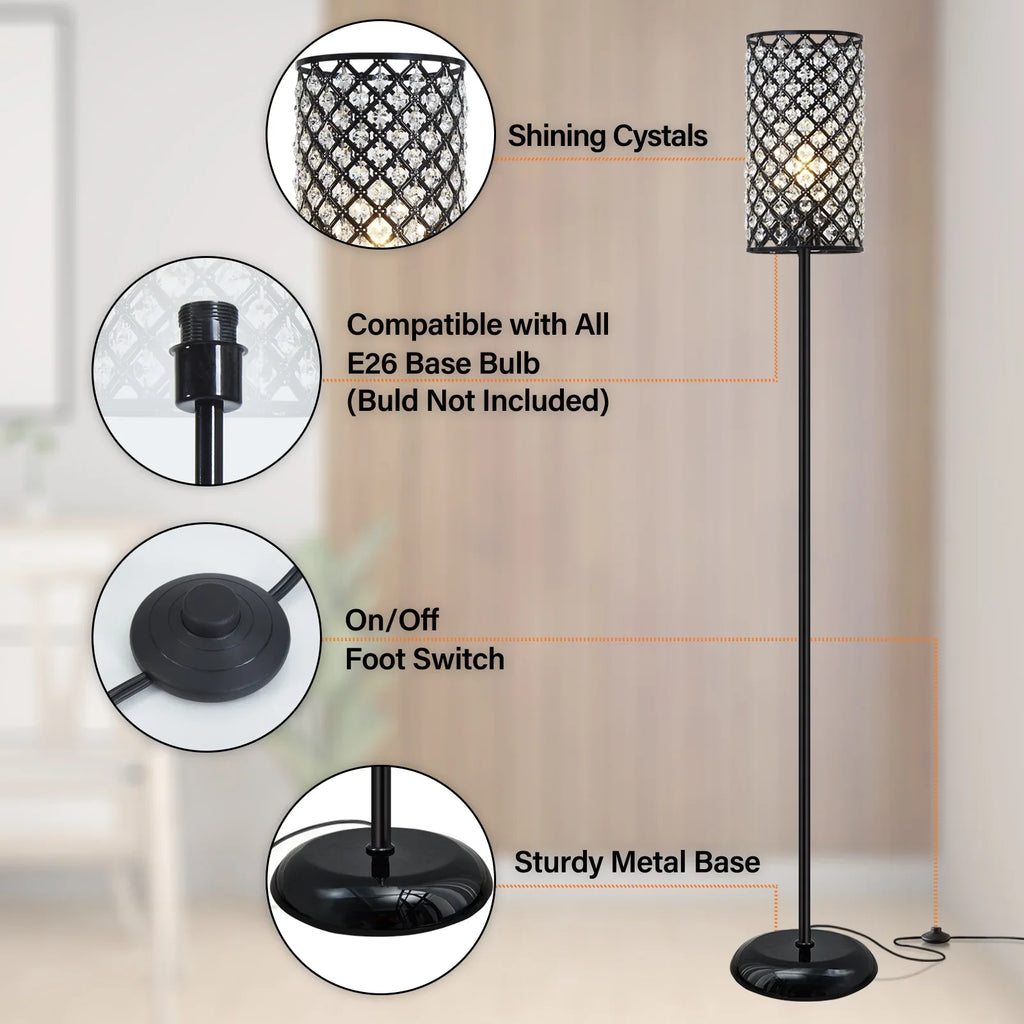 Natyswan Crystal Floor Lamp, Modern Black Floor Lamp with on/off Foot Switch,Tall Pole Accent Lighting for Living Room, Girl Bedroom, Dresser, Office