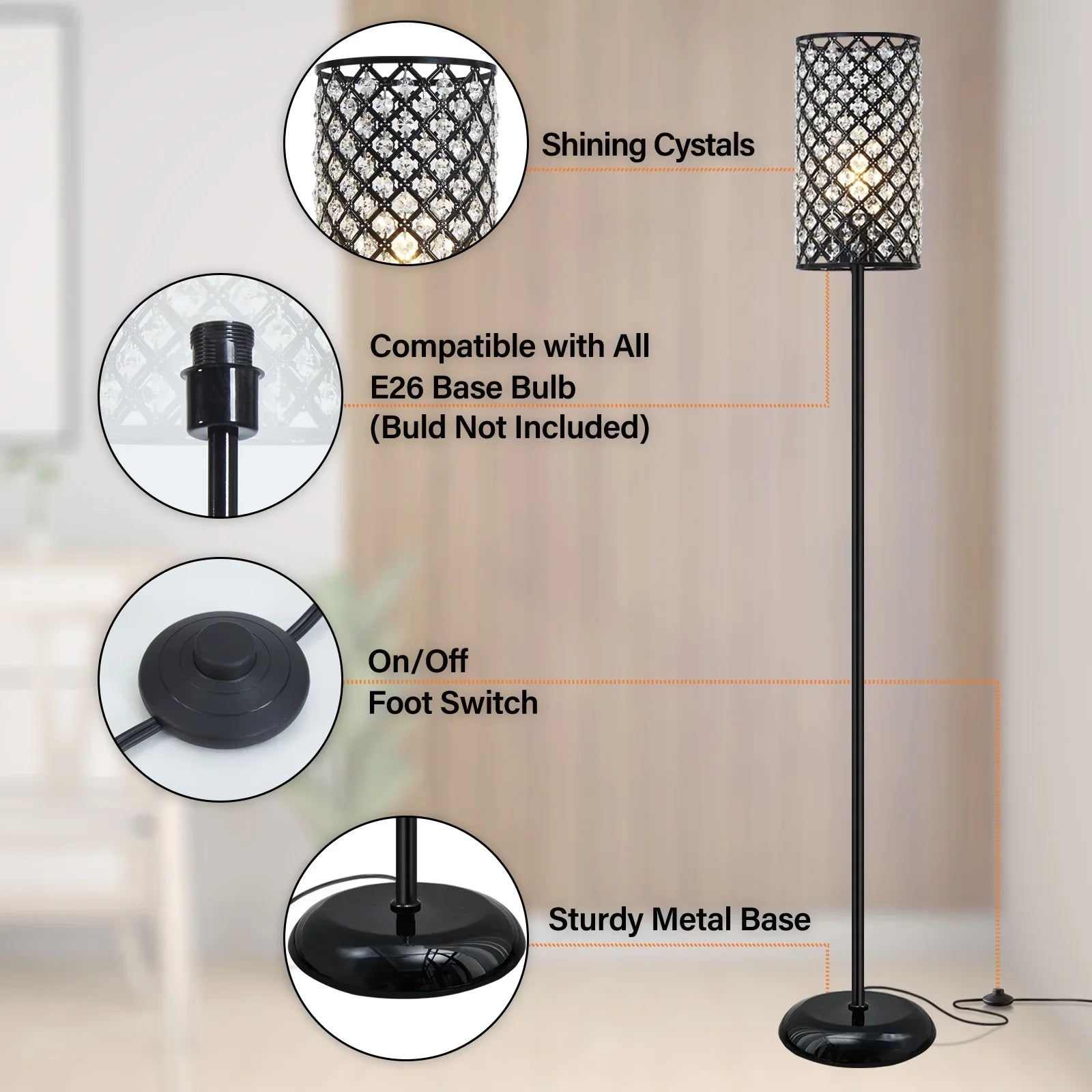 Natyswan Crystal Floor Lamp, Modern Black Floor Lamp with on/off Foot Switch,Tall Pole Accent Lighting for Living Room, Girl Bedroom, Dresser, Office