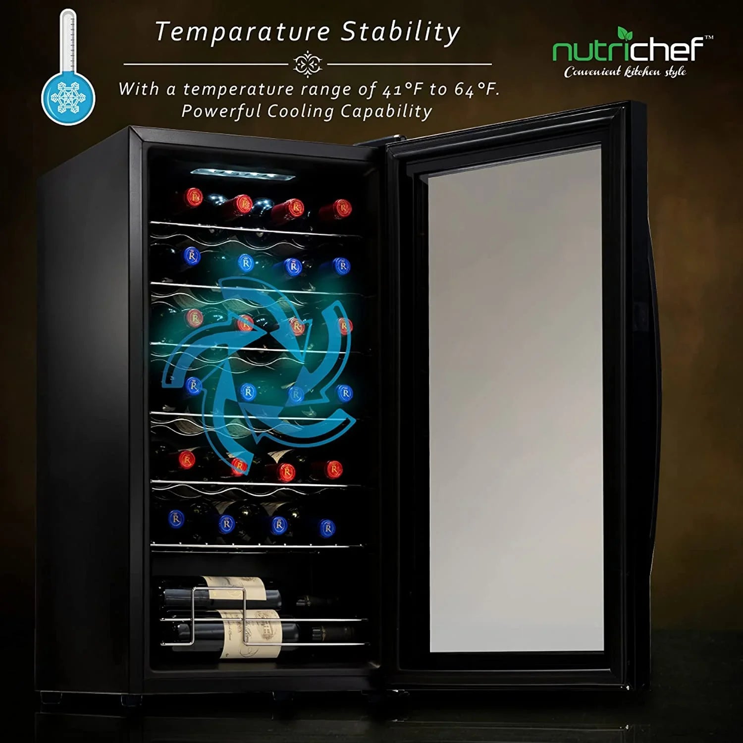 NutriChef 28 Bottle Large Compressor Wine Cooler Refrigerator Cooling System Black Glass Door