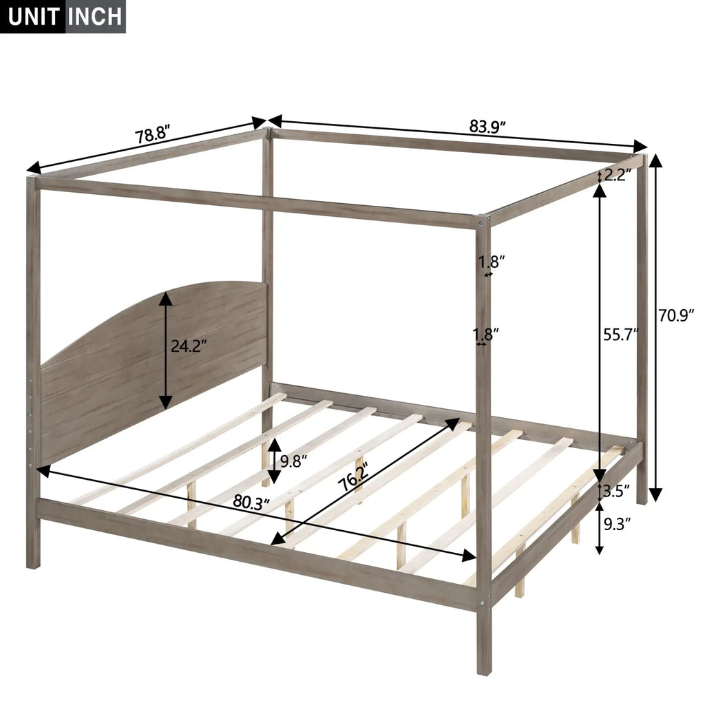 Upgrade your regal bedroom with this elegant and luxurious brown wash canopy platform king size bed. Featuring sturdy support legs and a stylish headboard this bed is the perfect additio