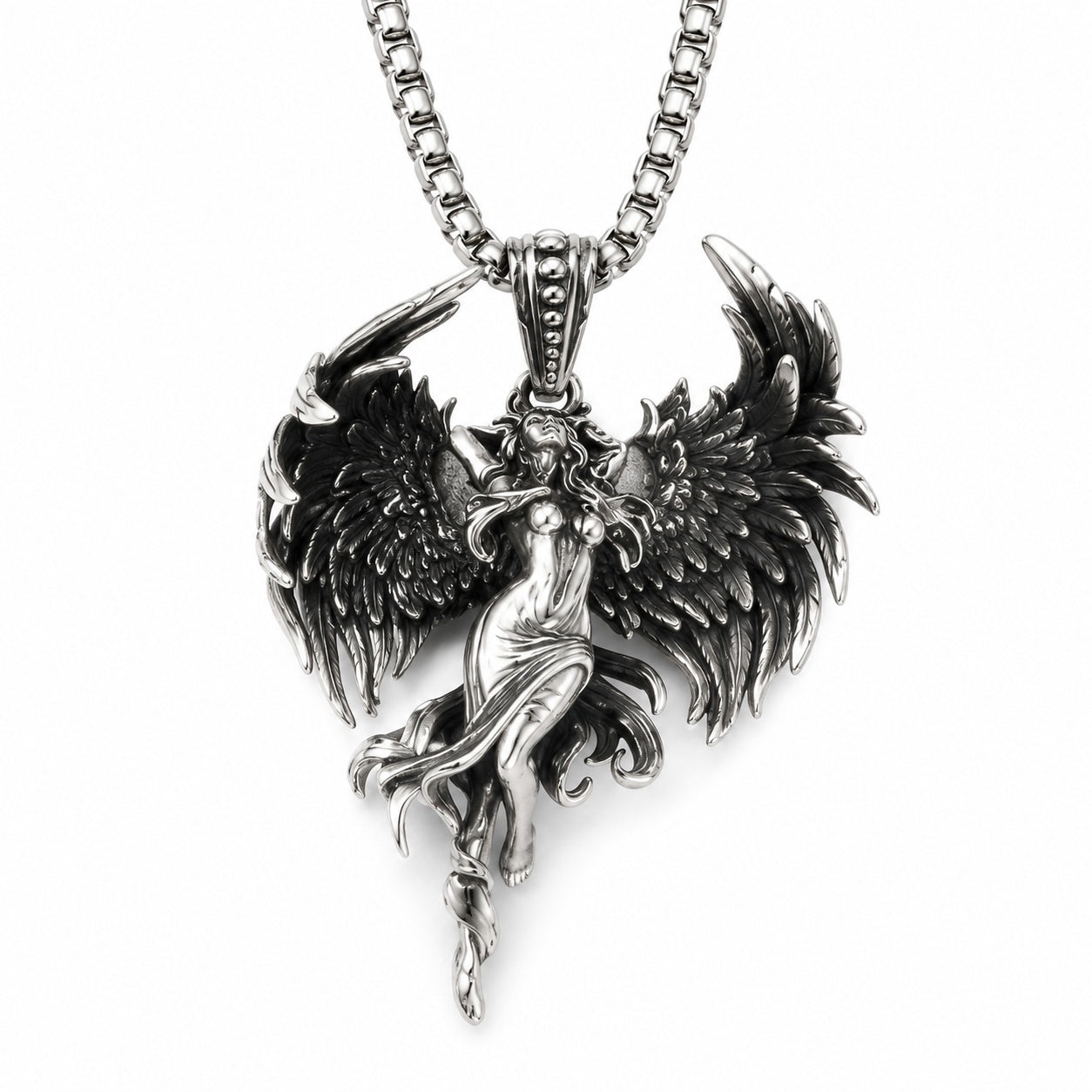 Antique Fallen Angel Wing Pendant Necklace For Men Women, Copper Plated Silver 3D Sculpted Gothic Angel Charm Punk Biker Jewelry Gift