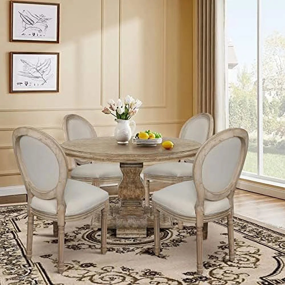 MQLIFEBOOM French Dining Chair Linen Fabric Upholstered Farmhouse Dining Chairs with Oval Backrest Vintage Solid Wood Dining Chairs for Kitchen Restaurant Dining Room