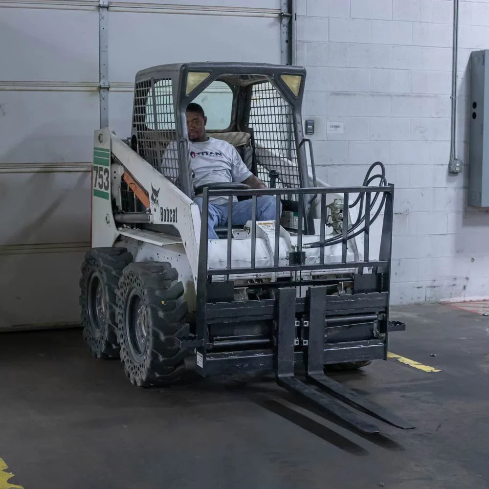 Titan Attachments Standard Series Adjustable Hydraulic Sliding Skid Steer Pallet Fork Frame, 4,000 LB Capacity, Adjusts 8in to 40in Hydraulically, Side Steps for Easy Entry, Quick Tach Mounting System