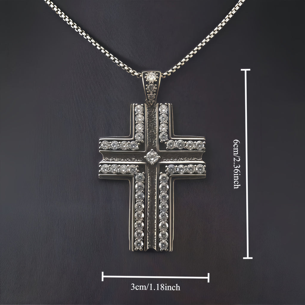 Antique Black Double Layer Cross Necklace, Copper Base Gunmetal Plated Sparkling CZ Christian Faith Pendant Jewelry
