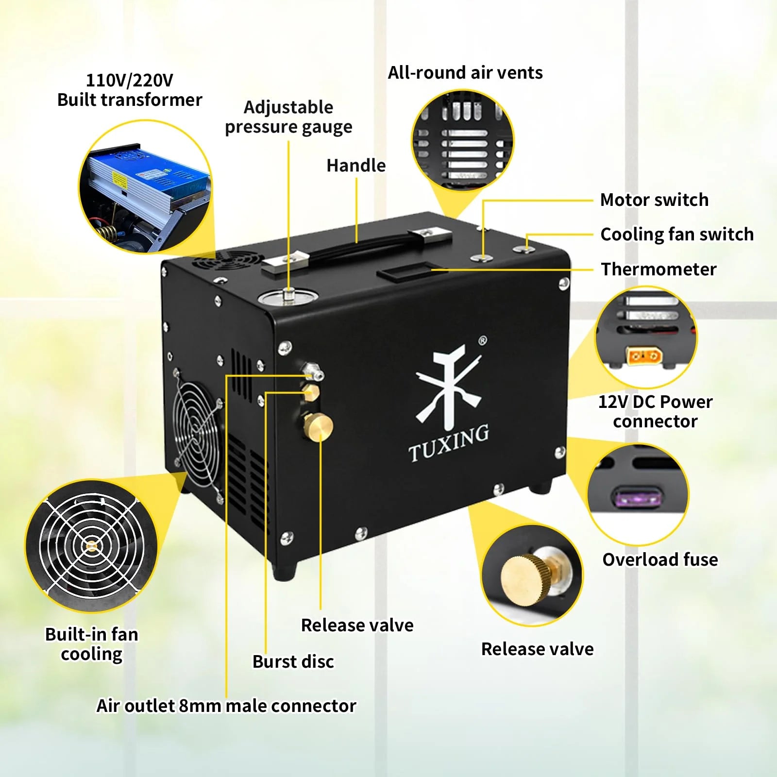 TUXING 4500Psi PCP Air Compressor,Auto-Stop,Oil/Water-Free, High Pressure Air Compressor for Paintball Tank Pump with Water/Oil Separator,Built-in Power Adapter(110V AC or 12V Car Battery)