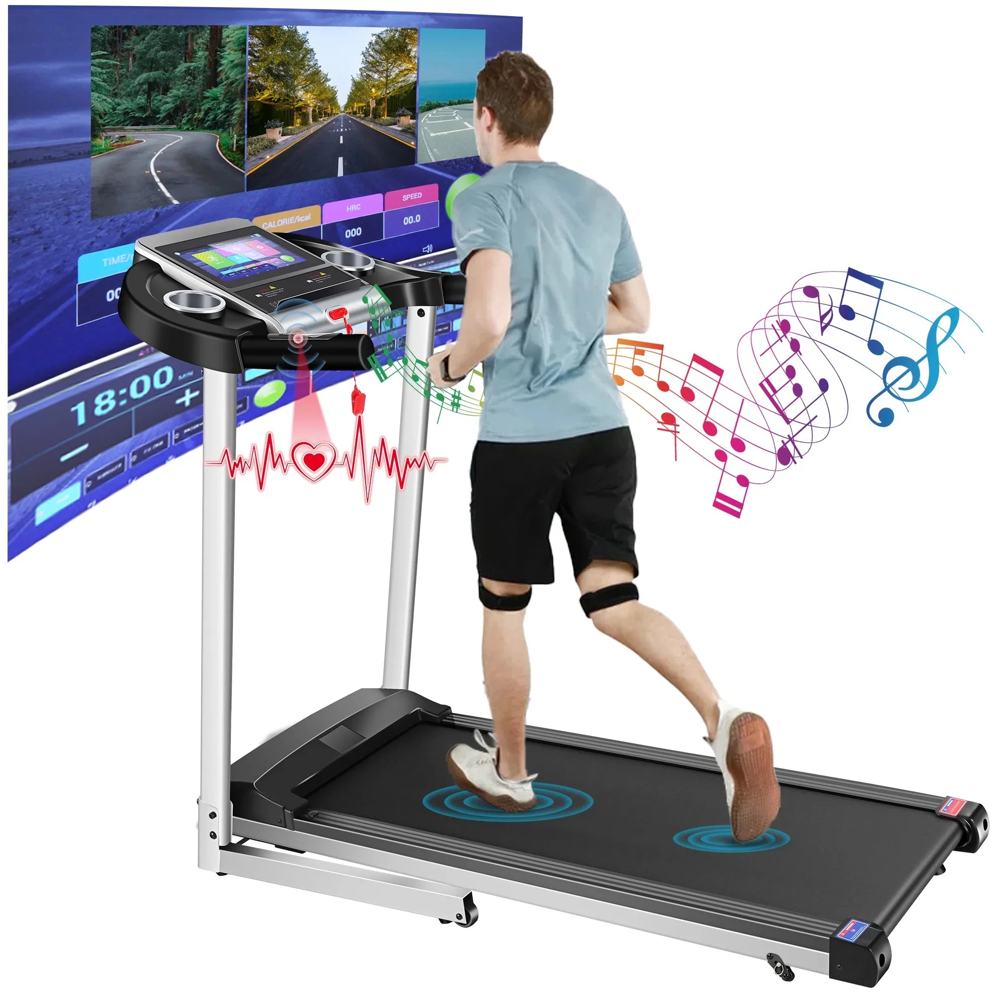 Tikmboex 3.25HP Folding Treadmill with 10" HD TV Movie Touchscreen, Incline Running Machine Easy to Install for Family Office Use, Silver