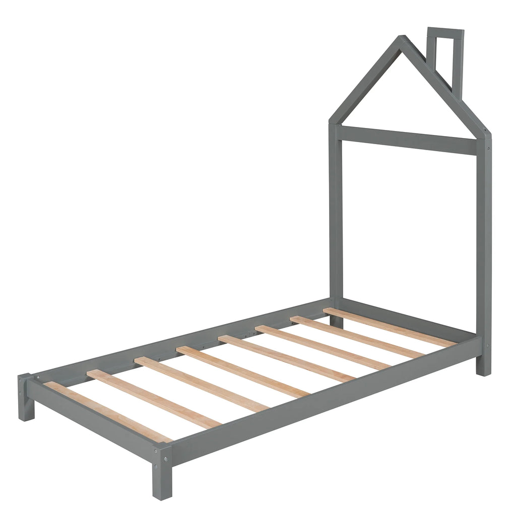 uhomepro Kids Twin Bed Frame with House Frame Headboard, Pretty Platform Bed Frame for Girls Boys, Wood Bed Frame Twin Size Bedroom Furniture with Wood Slats Support, No Box Spring Needed, Gray