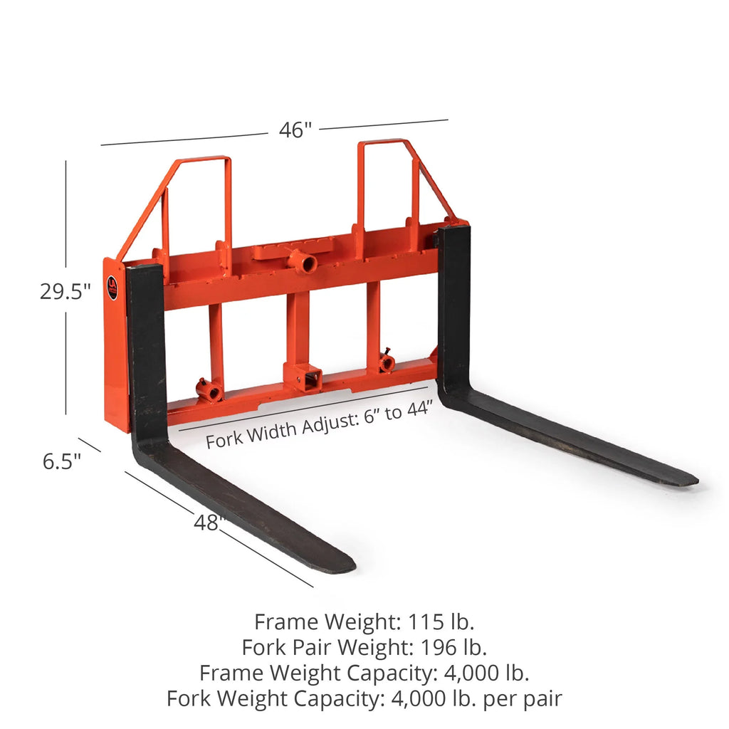 Titan Attachments UA USA Made Orange Step-Through Pallet Fork Frame Attachment, 48in Fork Blades, Rated 4,000 LB, Quick Tach Mounting