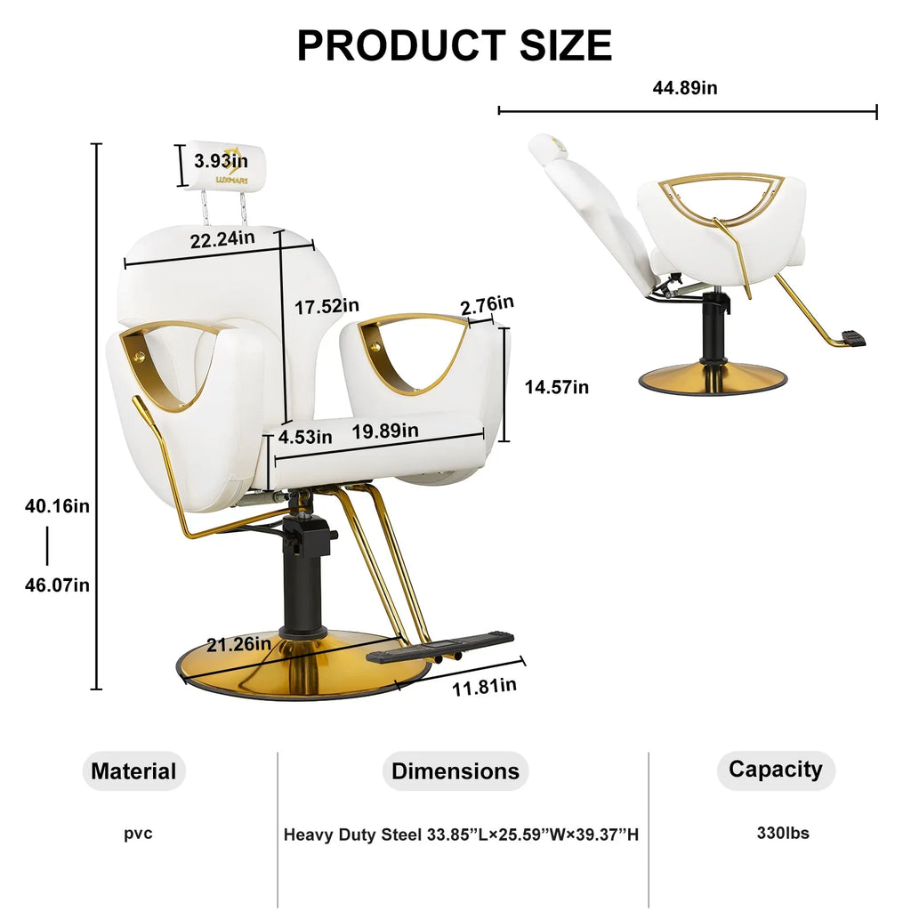 LUXMARS Reclining Barber Chair Salon Chair Height Adjustable Hydraulic Chair Tattoo Chairs 360 Degrees Rolling Swivel Barber Chairs for Barbershop Hair Salon Spa Equipment - White
