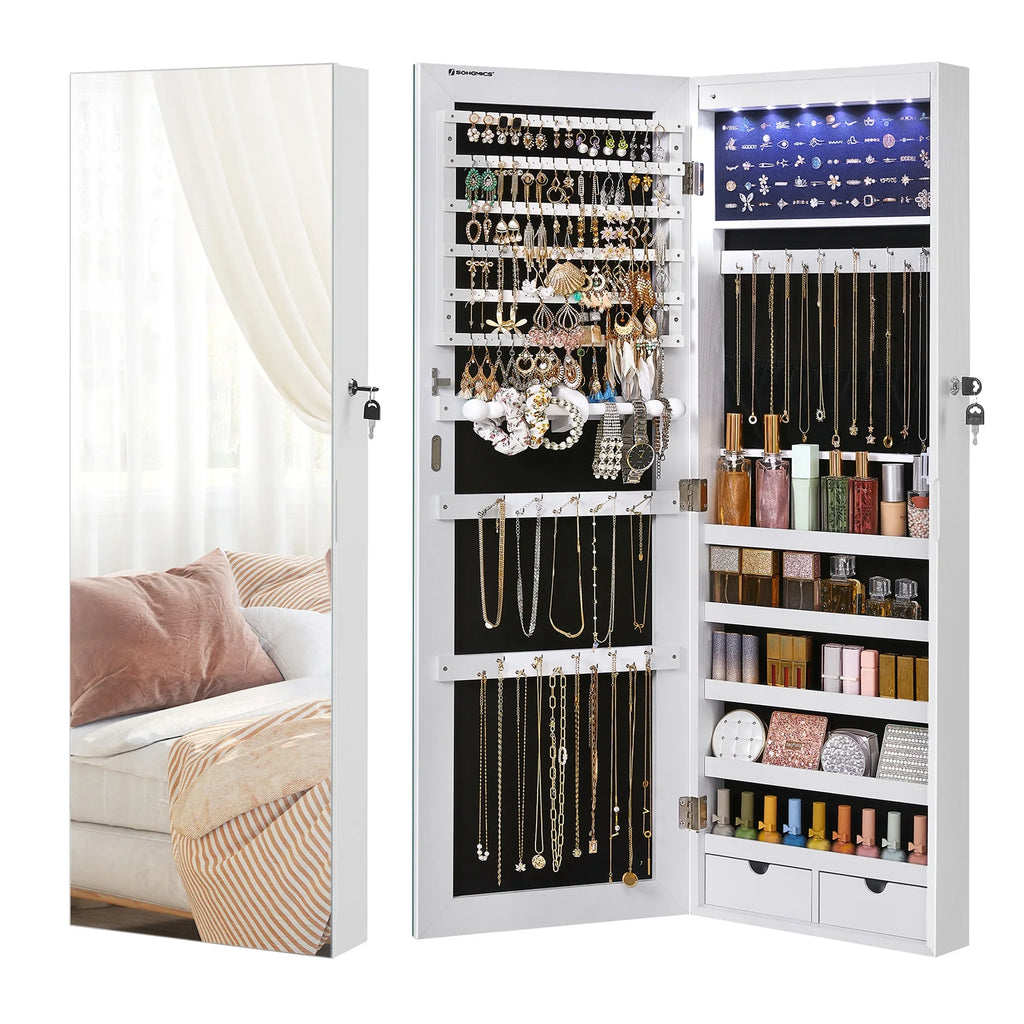 SONGMICS Hanging Mirror Jewelry Cabinet Wall or Door Mounted Jewelry Armoires with LED Interior Lights Jewelry Organizer Box Holder Full-Length Mirror White