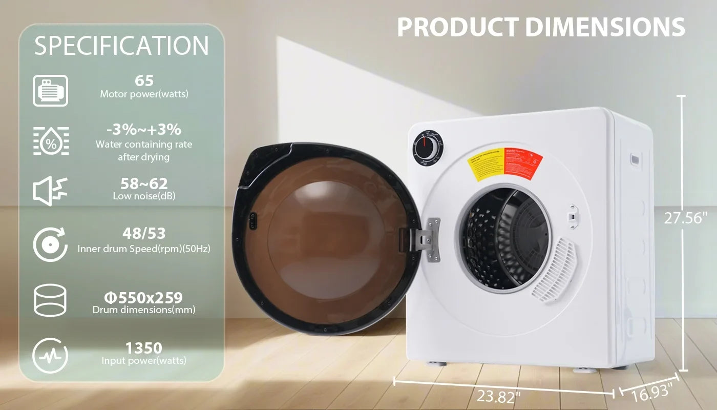 ZNESKPG 1.95 Cu.ft Front Load Clothes Dryer Portable Compact Dryer 830W 5 Drying Modes Stainless Steel Drum with Overheat Protection Dust Removal Deodorization and Lint Removal Func