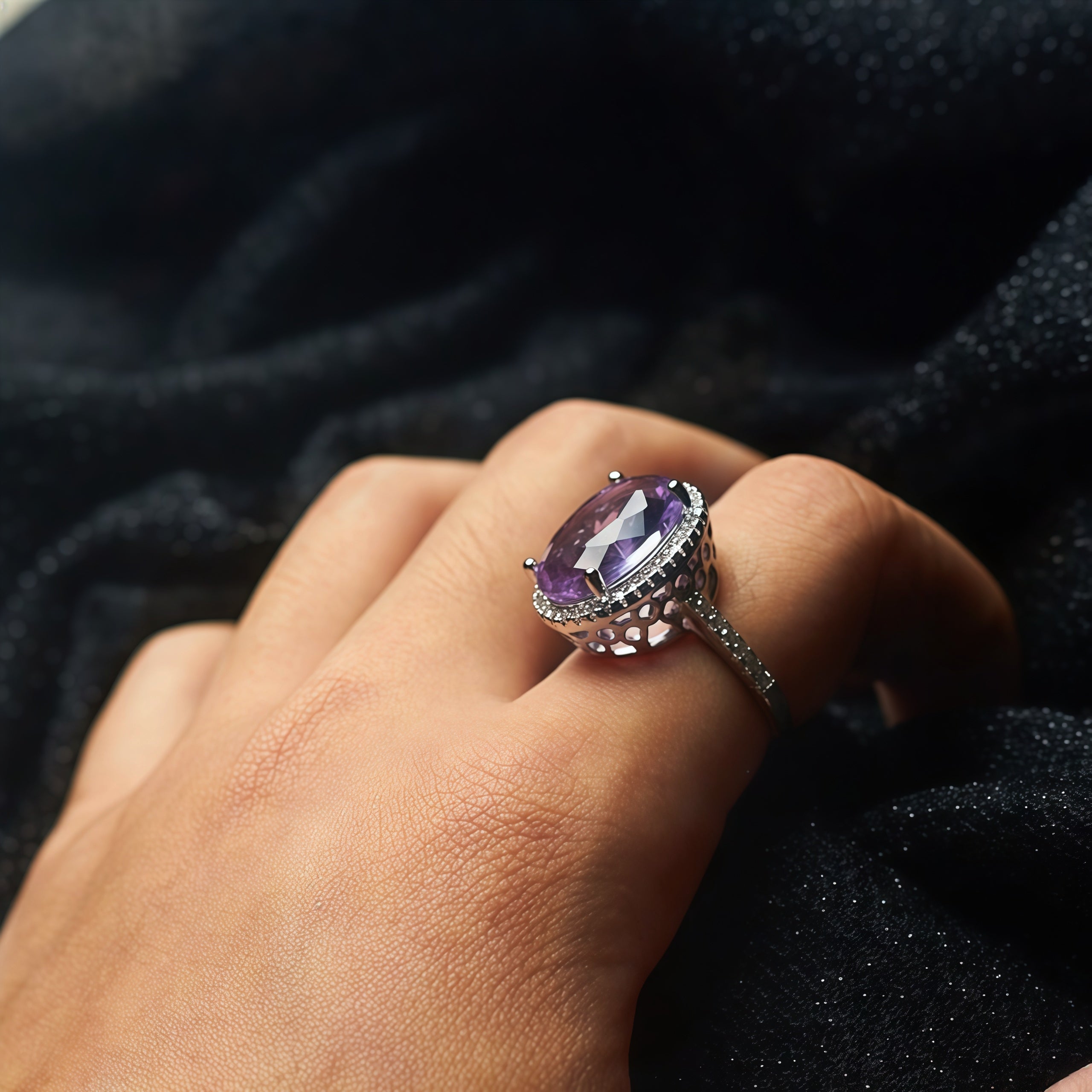 Oval Light Purple Amethyst CZ Single Halo Filigree Ring For Women, Copper Plated Silver Paved White Crystal Vintage Wedding Cocktail Statement Jewelry Gift