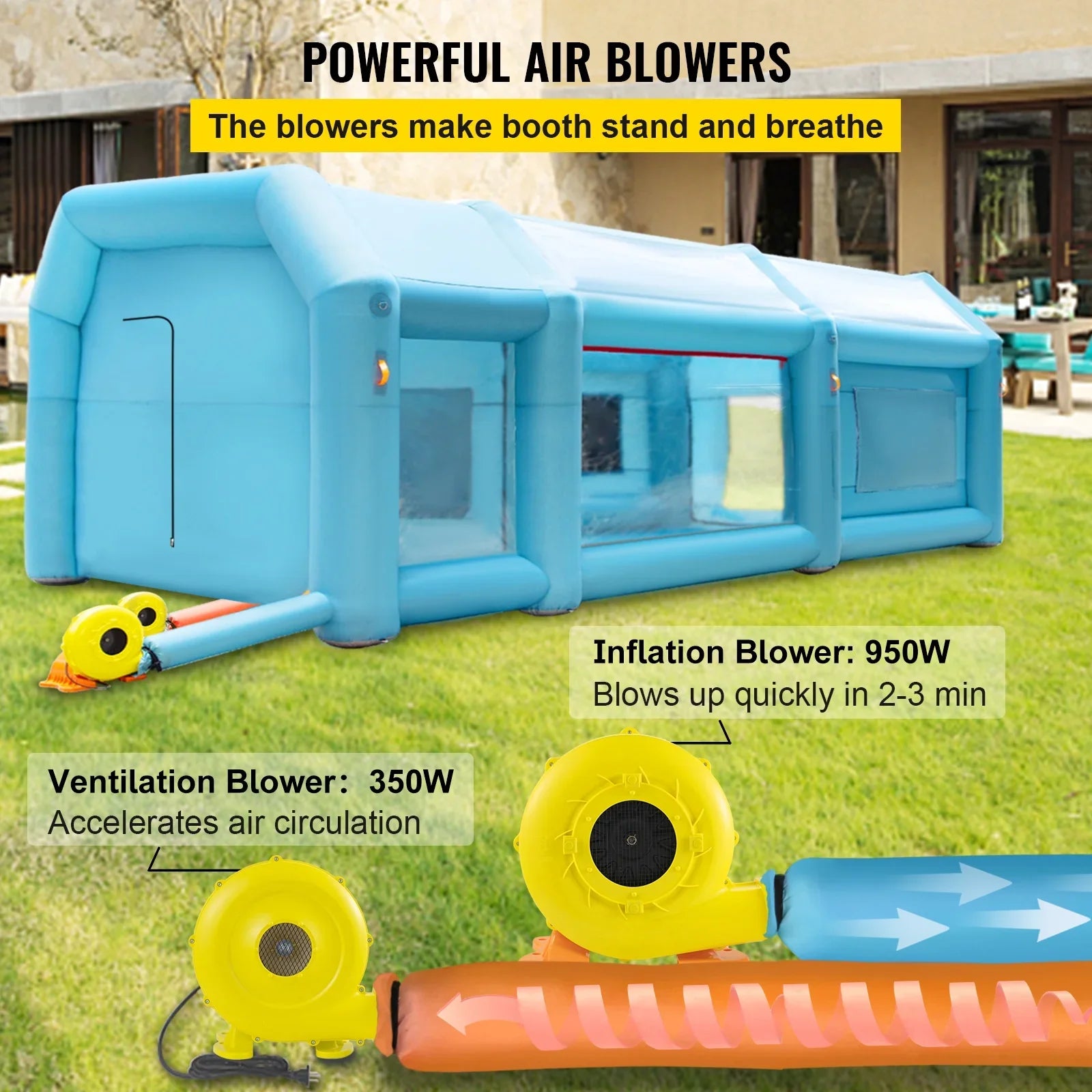 BENTISM Inflatable Spray Booth Car Paint Tent 26x15x10FT Filter System 2 Blowers