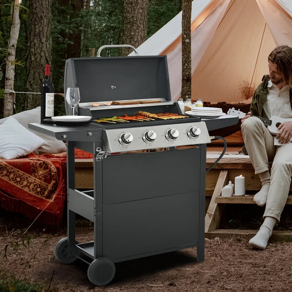 SEGMART 4 Burner BBQ Propane Gas Grill, Stainless Steel 34,200 BTU Patio Garden Barbecue Grill with Two Foldable Shelves & Thermometer, Perfect for Camping, Outdoor Cooking
