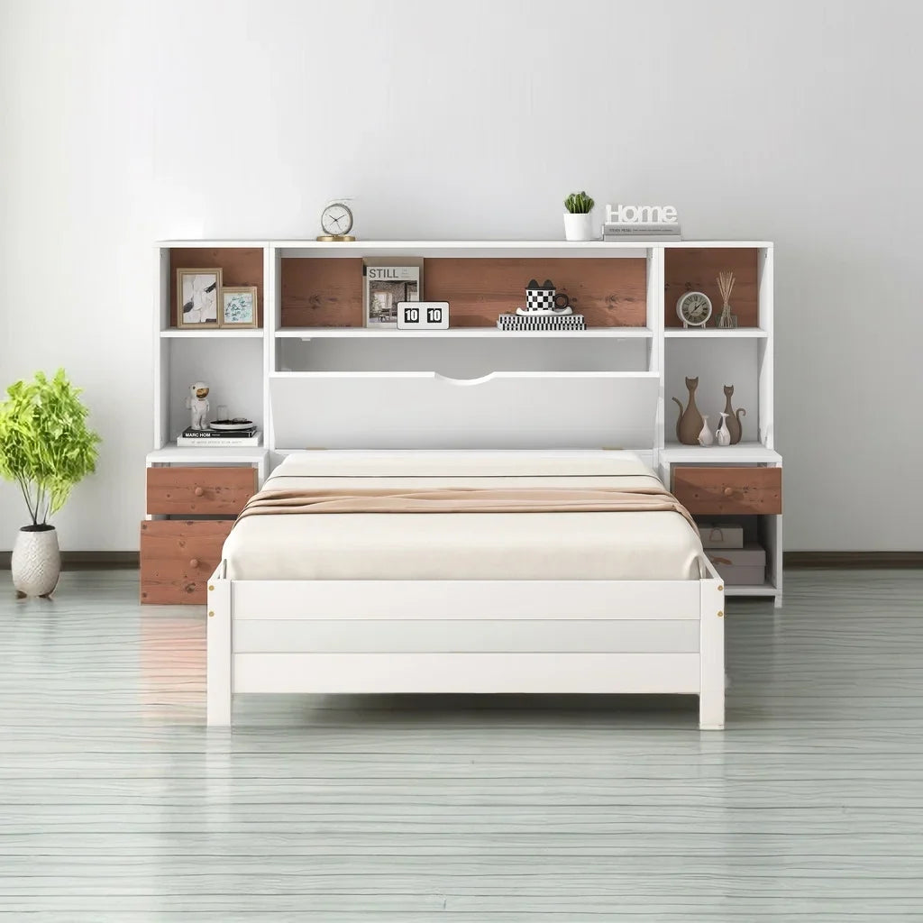 Twin Size Platform Bed with Storage Headboard and Drawers, Wooden Storage Bed Frame for Bedroom, Dorm, Bedroom Furniture