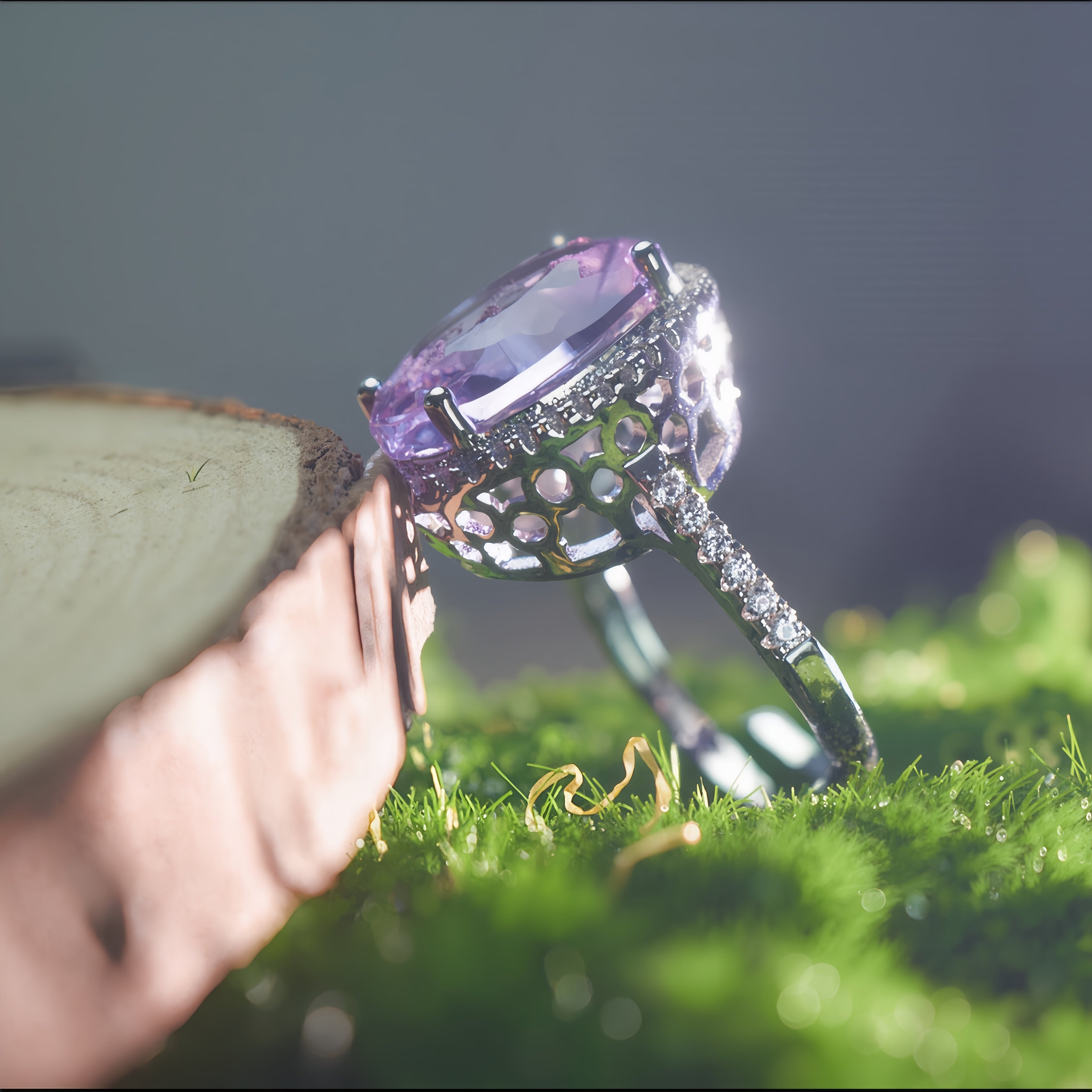 Oval Light Purple Amethyst CZ Single Halo Filigree Ring For Women, Copper Plated Silver Paved White Crystal Vintage Wedding Cocktail Statement Jewelry Gift