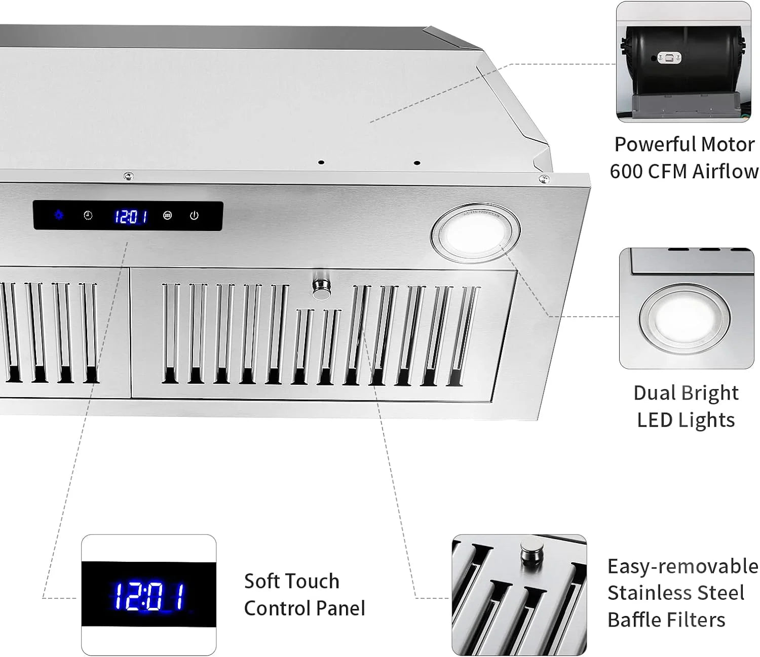 Zomagas 30 inch 600CFM Range Hood Insert Stainless Steel Kitchen Vent Hood Touch Control with LED Lights,Baffle Filters