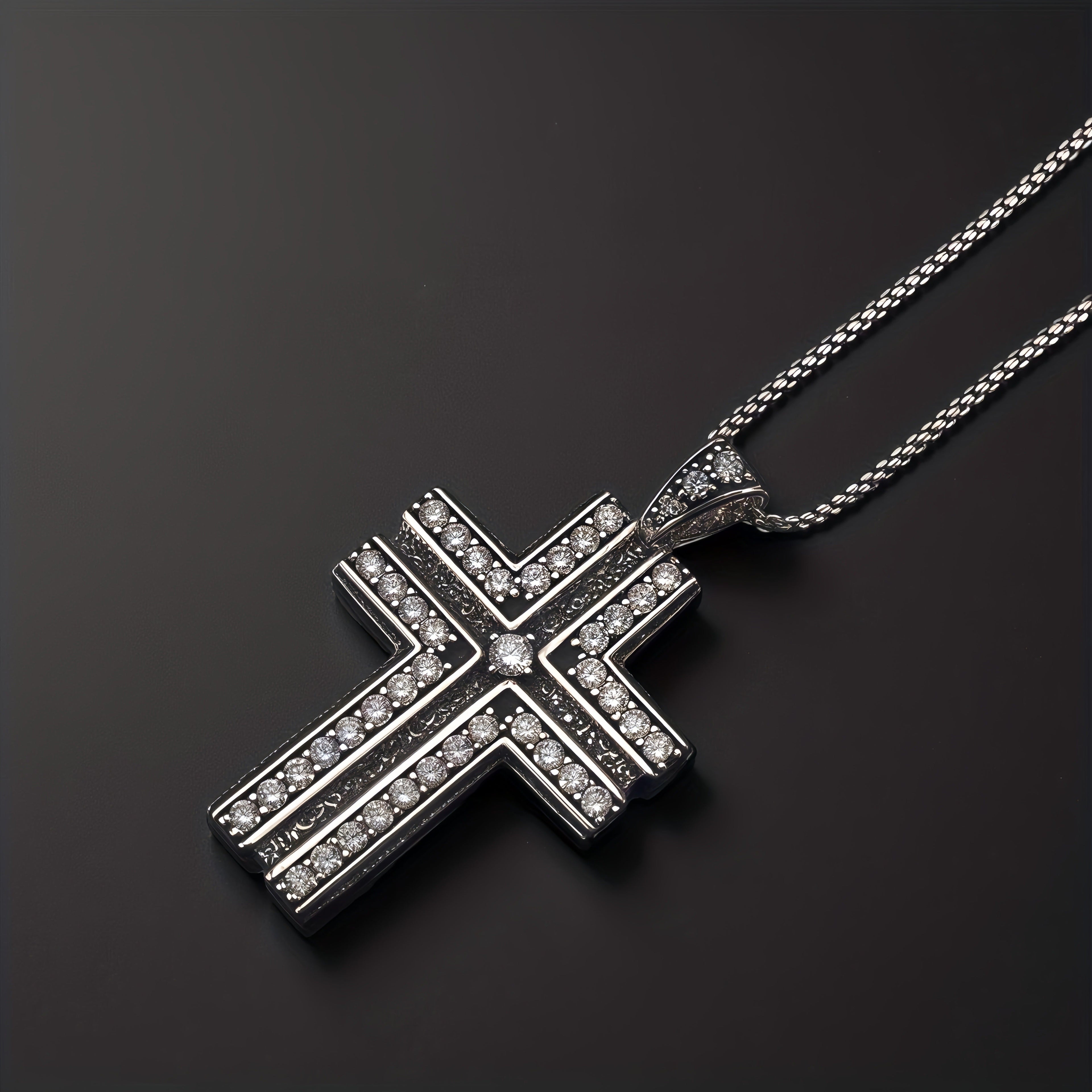 Antique Black Double Layer Cross Necklace, Copper Base Gunmetal Plated Sparkling CZ Christian Faith Pendant Jewelry