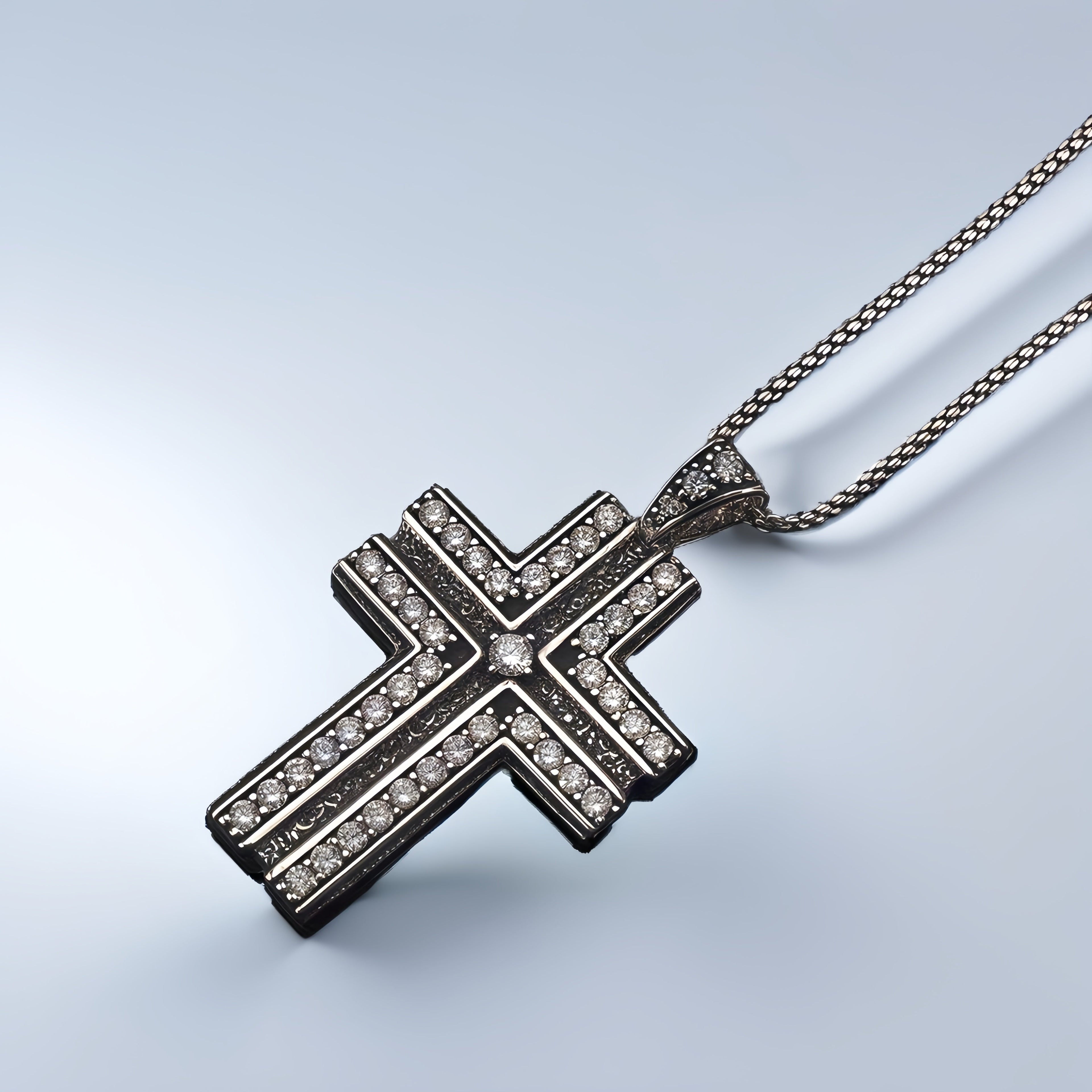 Antique Black Double Layer Cross Necklace, Copper Base Gunmetal Plated Sparkling CZ Christian Faith Pendant Jewelry