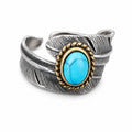 Two-Tone Vintage Feather Turquoise Open Adjustable Ring For Men Women, Copper Oxidized Silver Gold Bezel Western Tribal Boho Stackable Jewelry Gift