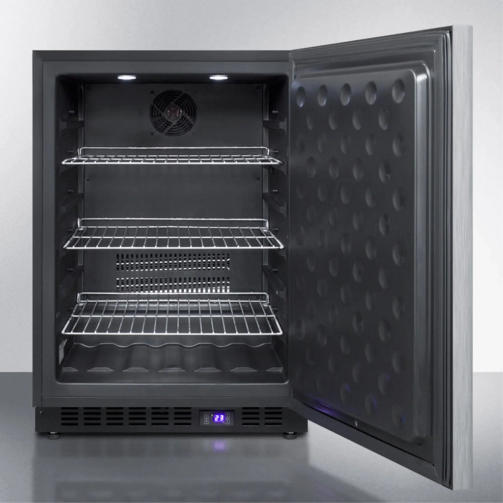 Frost-free built-in undercounter all-freezer for residential or commercial use, with stainless steel door, horizontal handle, and black cabinet