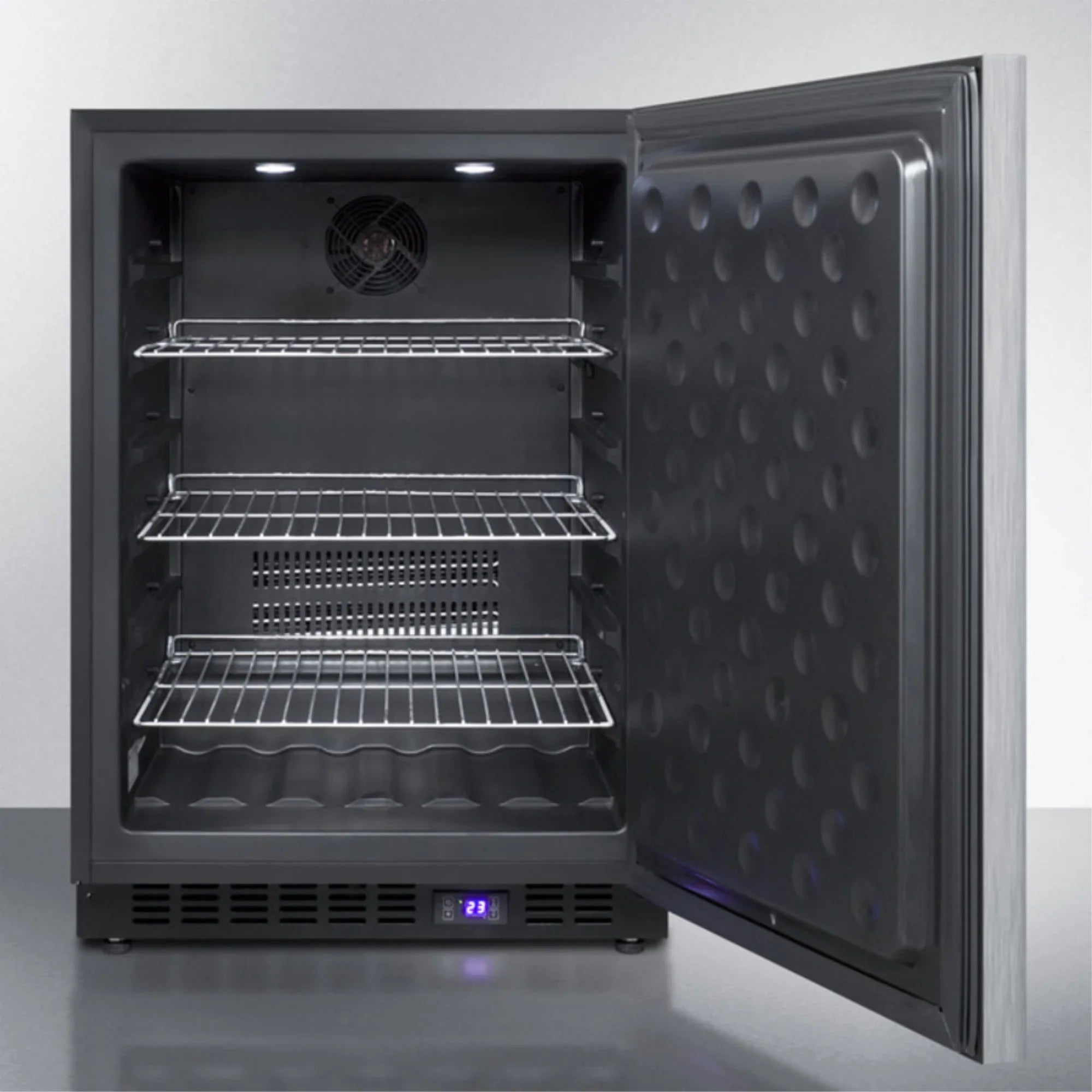 Frost-free built-in undercounter all-freezer for residential or commercial use, with stainless steel door, horizontal handle, and black cabinet