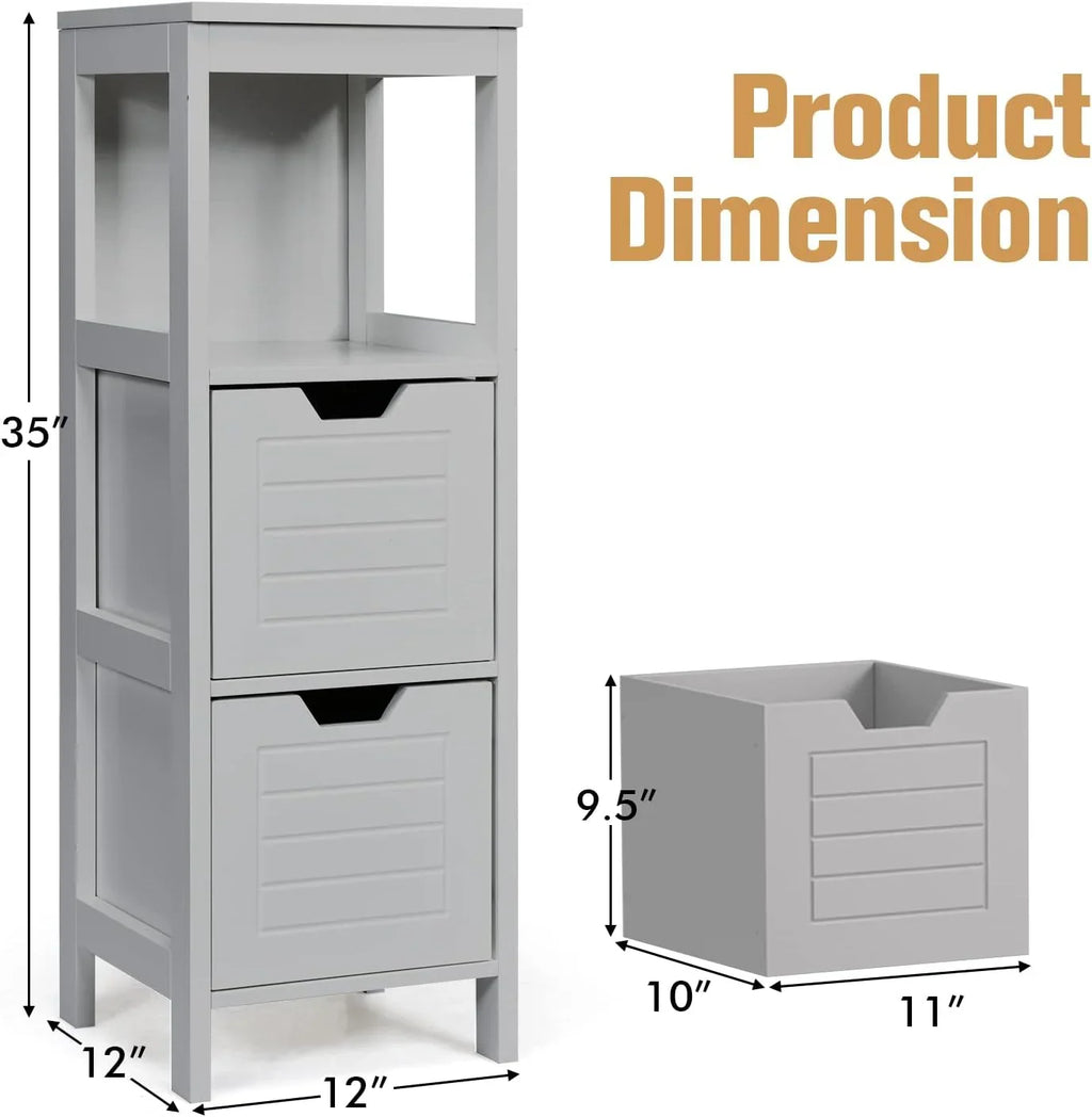 Bathroom Storage Cabinet, Freestanding Wooden Side Storage Cabinet with 2 Adjustable Drawers, Space-Saving Floor Cabinet for Living Room Bathroom Bedroom Entryway (Grey)