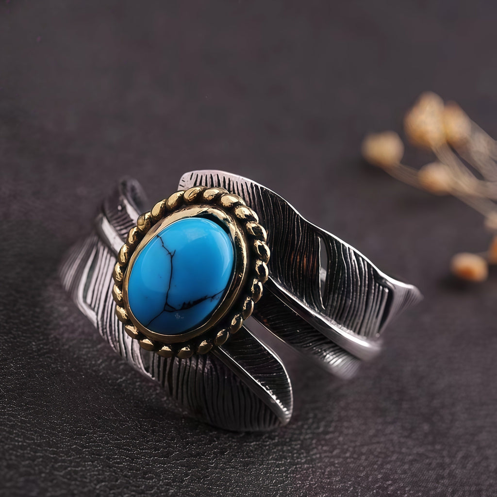 Two-Tone Vintage Feather Turquoise Open Adjustable Ring For Men Women, Copper Oxidized Silver Gold Bezel Western Tribal Boho Stackable Jewelry Gift