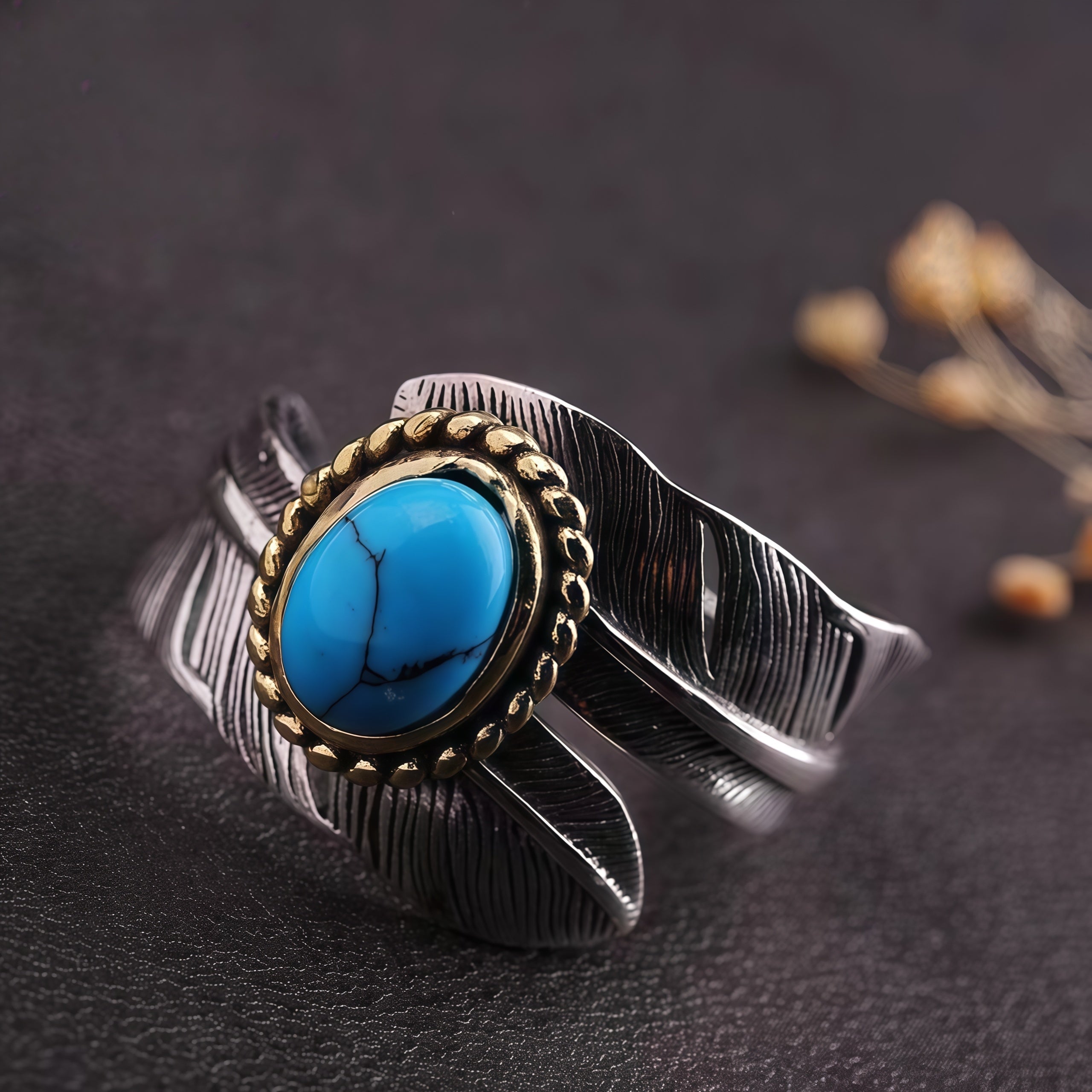 Two-Tone Vintage Feather Turquoise Open Adjustable Ring For Men Women, Copper Oxidized Silver Gold Bezel Western Tribal Boho Stackable Jewelry Gift