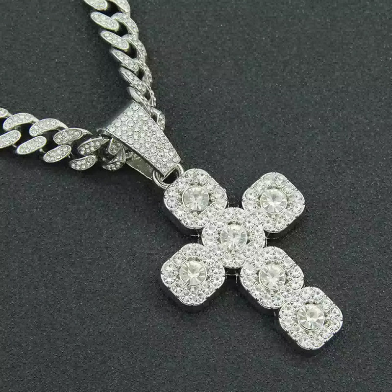 13mm Width Football Pendant Necklace,Full Diamond Cross Pendant Necklace, 3D Diamond Gold Zinc Alloy Stainless Steel Religious Zircon