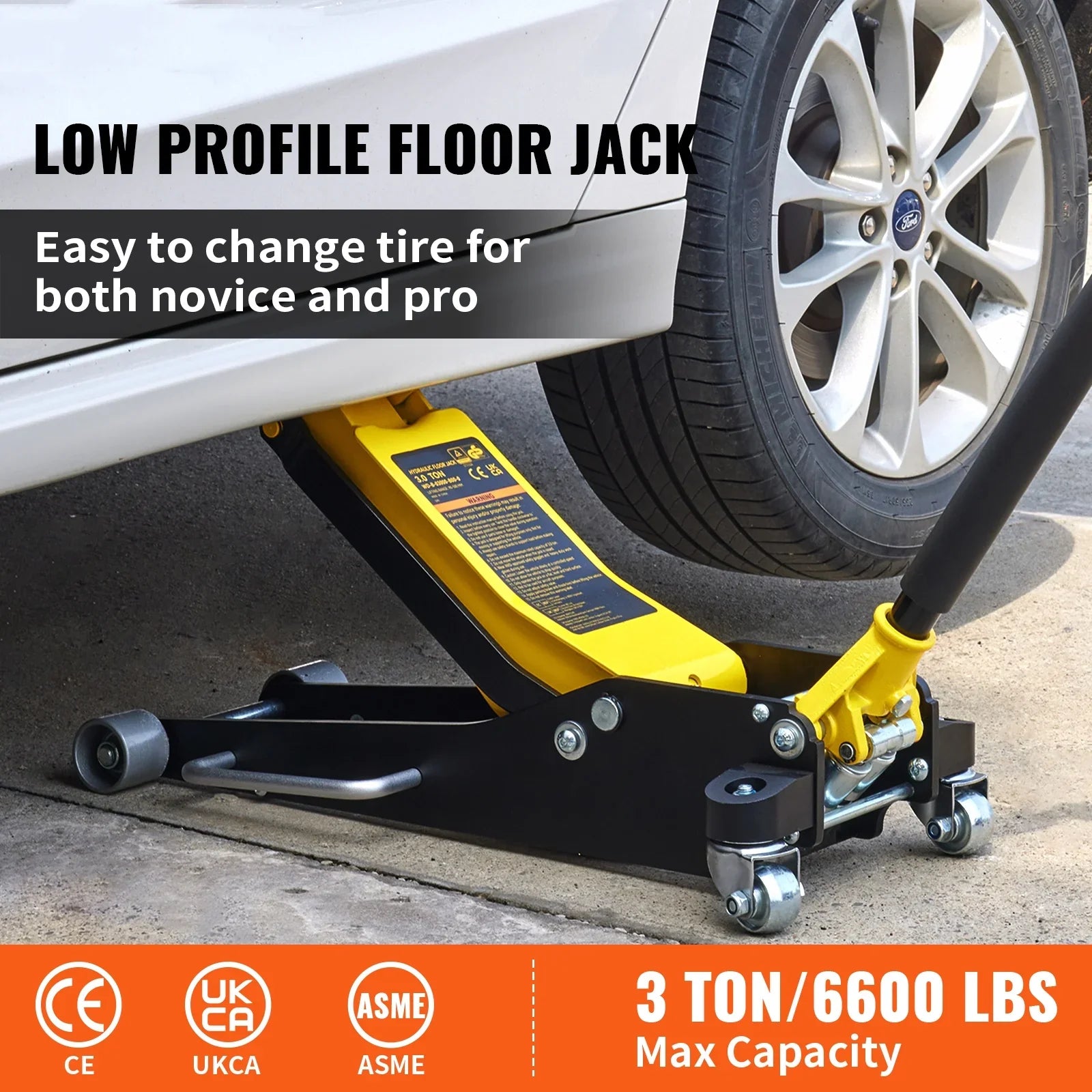 SKYSHALO Low Profile Floor Jack 3 ton (6600 lbs), Dual Piston Quick Lift Pump, 19-11/16"-3-6/11" Height Lifting Range, Yellow+Black, Aluminum and Steel Hydraulic Racing Floor Jack
