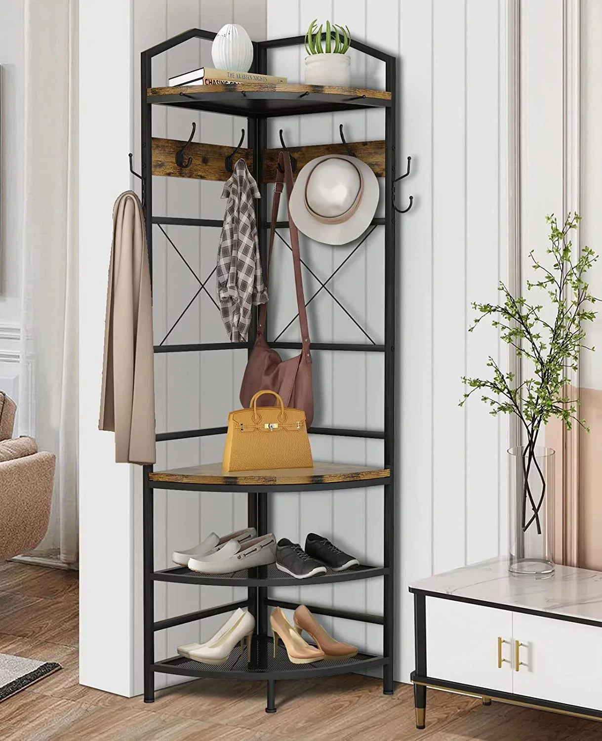 Corner Coat Rack Hall Tree with Shoe Bench Entryway Coat Rack with 6 Metal Hooks, Industrial Corner Shoe Racks Freestanding Corner Shelves Organizer Entryway Bench with Coat Rack & Storage