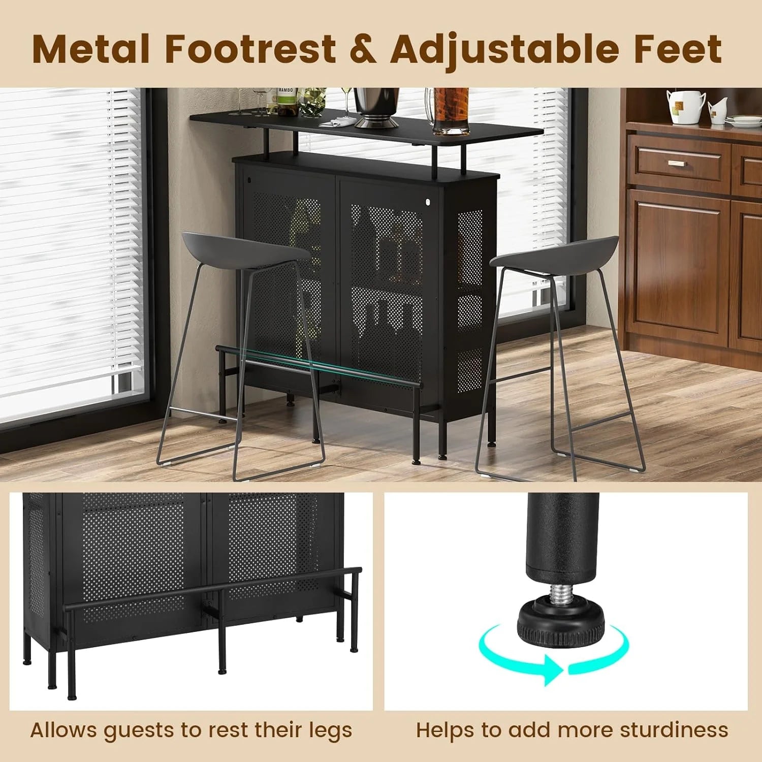 FJU 4-Tier Home Bar Unit, Home Bar Cabinet w/ 2 Wine Storage Shelves & 6 Stemware Holders, Metal Front & Footrest, 7 Adjustable Feet, Industrial Metal Wine Bar Table for Kitchen, Pub, Black