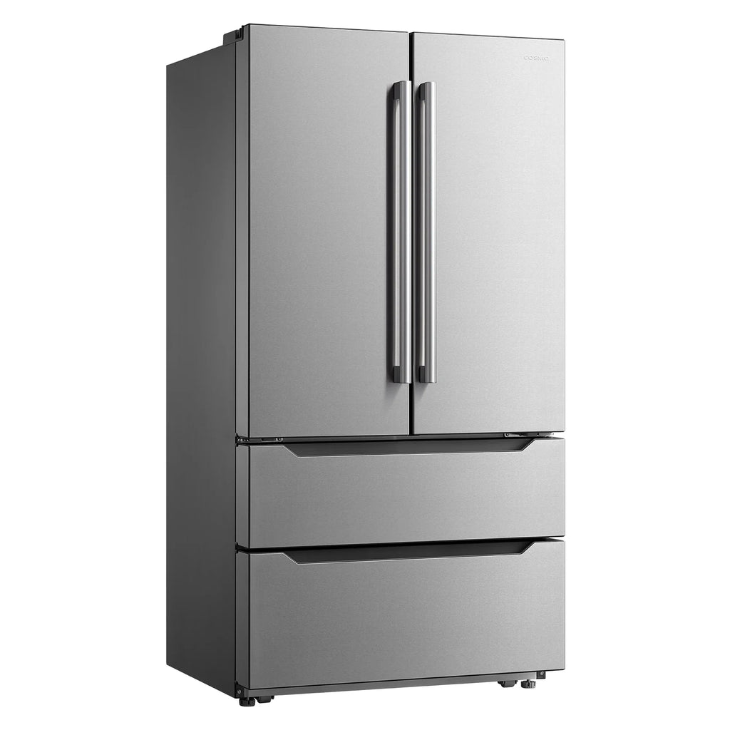 Cosmo 4 Piece Kitchen Appliance Package with 30" Freestanding Gas Range 30" Wall Mount Range Hood 24" Built-in Integrated Dishwasher & French Door Refrigerator Kitchen Appliance Bundles