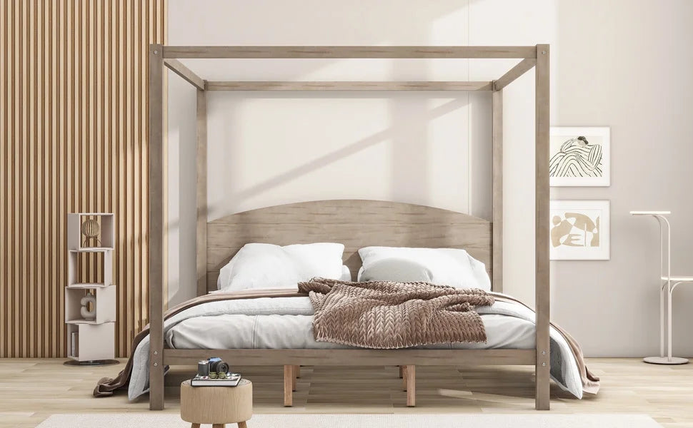 Upgrade your regal bedroom with this elegant and luxurious brown wash canopy platform king size bed. Featuring sturdy support legs and a stylish headboard this bed is the perfect additio