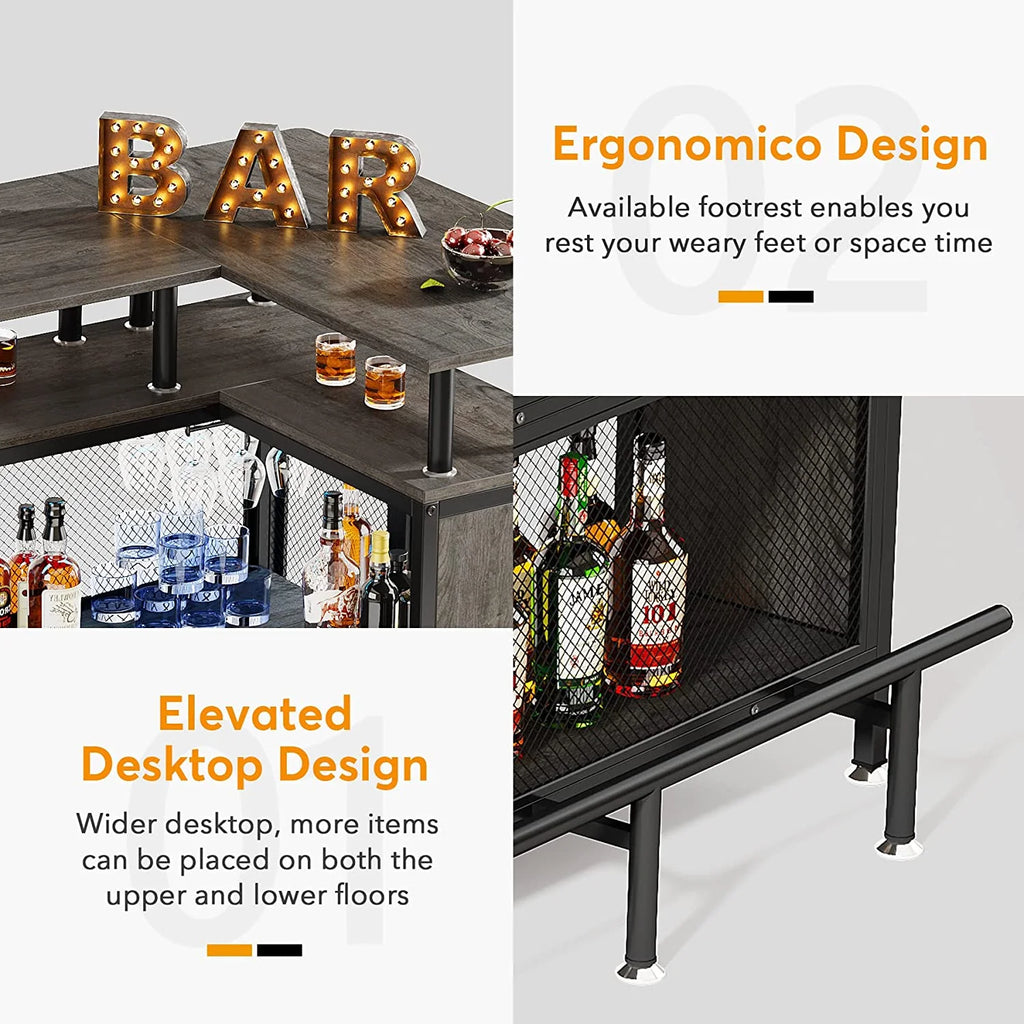 FJU Home Bar Unit, L-shaped Bar Table with Stemware Racks and 2-tier Shelves, Corner Mini Coffee Liquor Cabinet with Footrest for Home/Kitchen/Pub, Gray