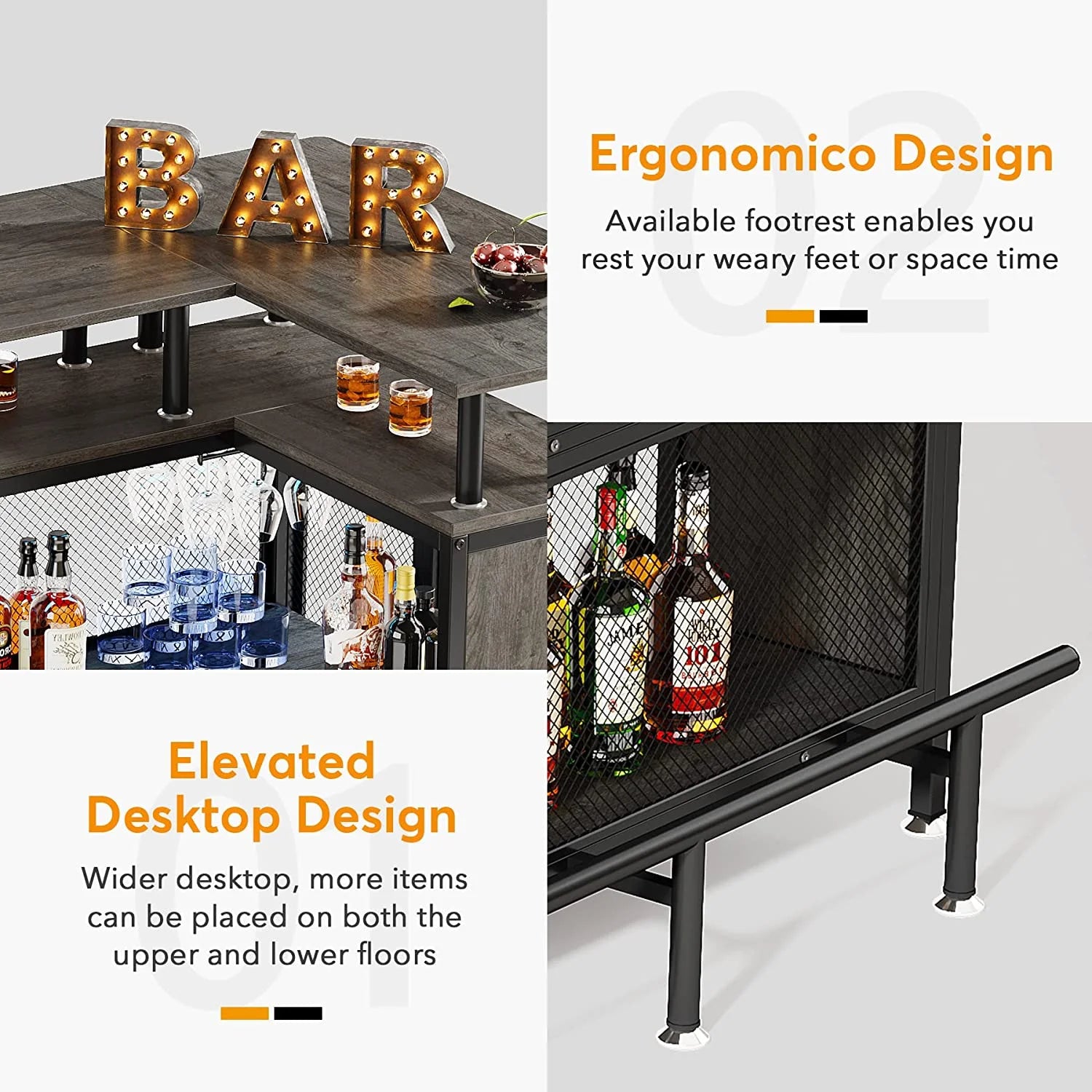 FJU Home Bar Unit, L-shaped Bar Table with Stemware Racks and 2-tier Shelves, Corner Mini Coffee Liquor Cabinet with Footrest for Home/Kitchen/Pub, Gray