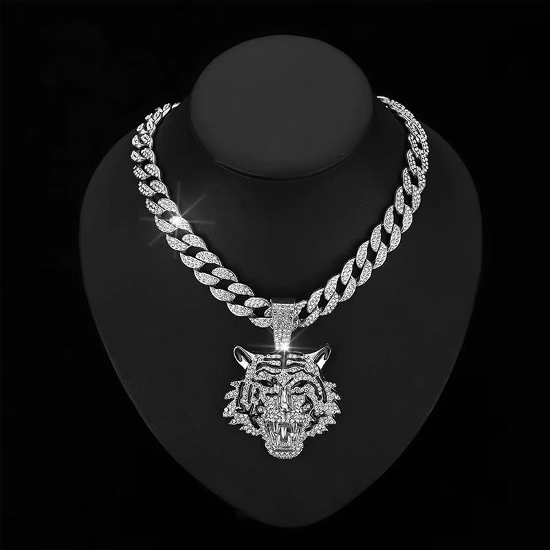 13mm Width Football Pendant Necklace,Hip Hop Green Eyes Tiger Head Pendant Necklace 3D Diamond Gold Zinc Alloy Stainless Steel Religious Zircon