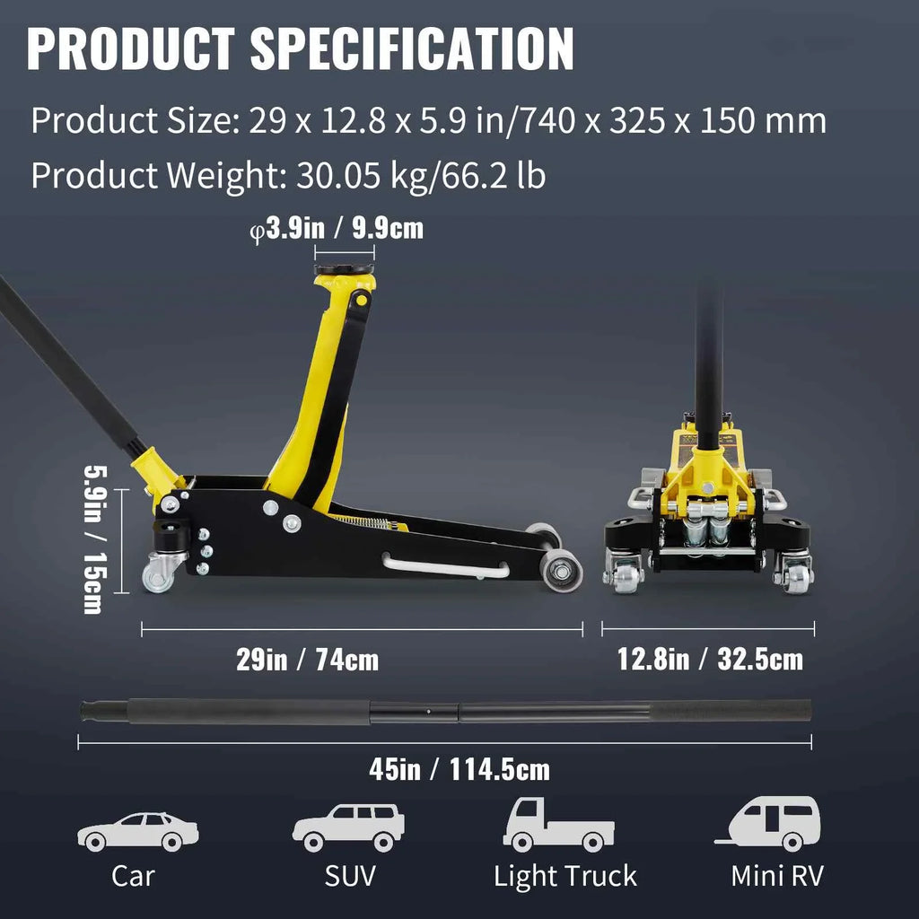 BENTISM Low Profile Floor Jack 3 Ton (6600 lbs), Aluminum and Steel Hydraulic Racing Floor Jack, Dual Piston Quick Lift Pump, 19-11/16"-3-6/11" Height Lifting Range, Yellow+Black